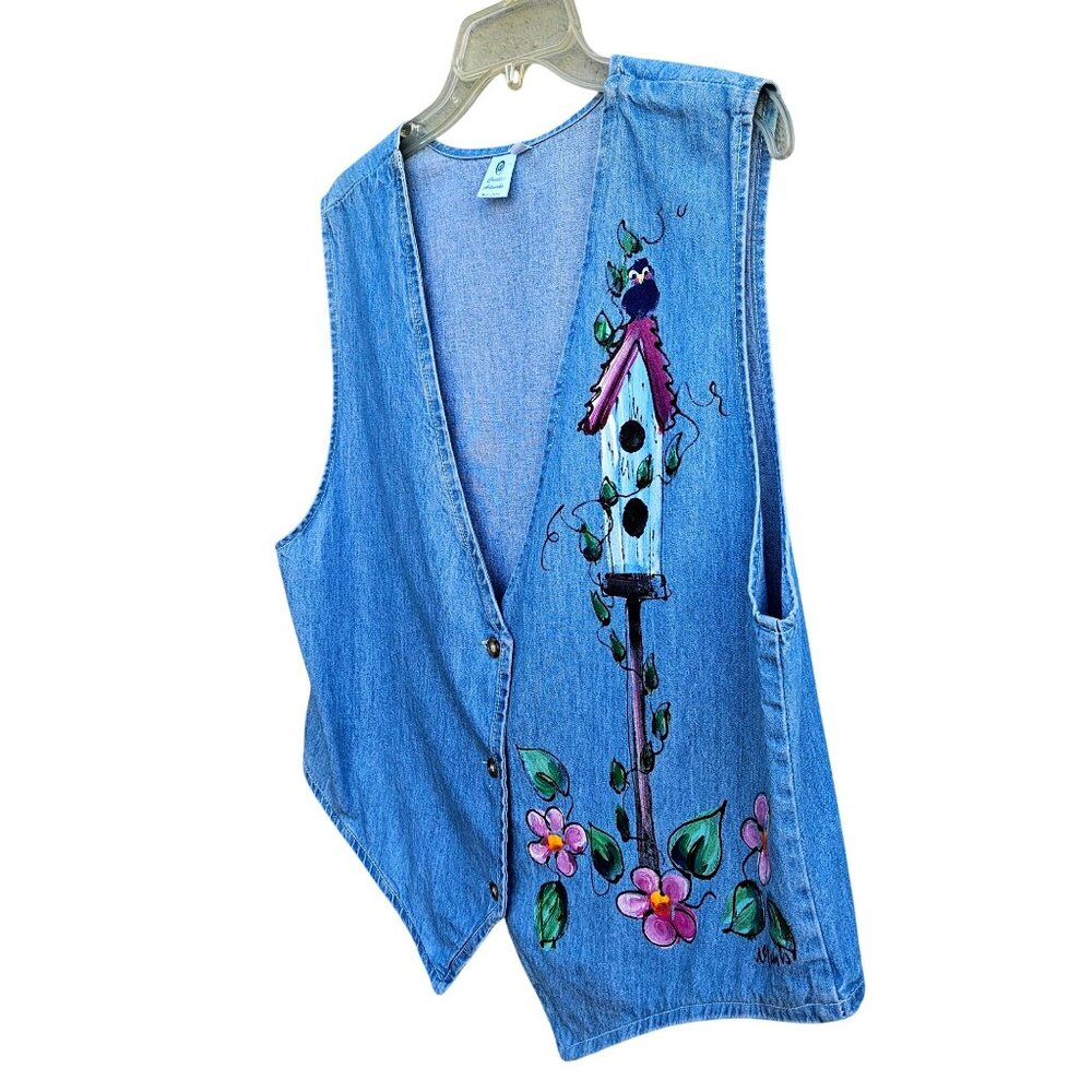 Vintage 80s Hand Painted Denim Vest XXL Plus Size Cottage Prairie Birds - Picture 10 of 11
